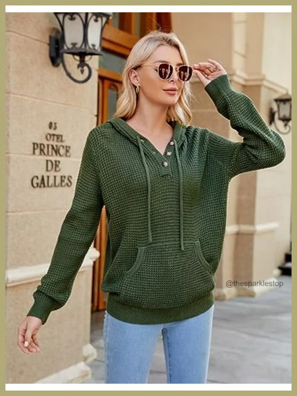 Waffle Knit Pullover Sweater Hoodie with Kangaroo Pocket Long Sleeve